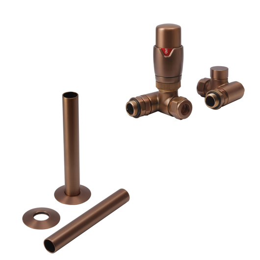  Brushed Bronze Thermostatic Dual Fuel Radiator Round Valves with 130mm Pipe Sleeves - Corner