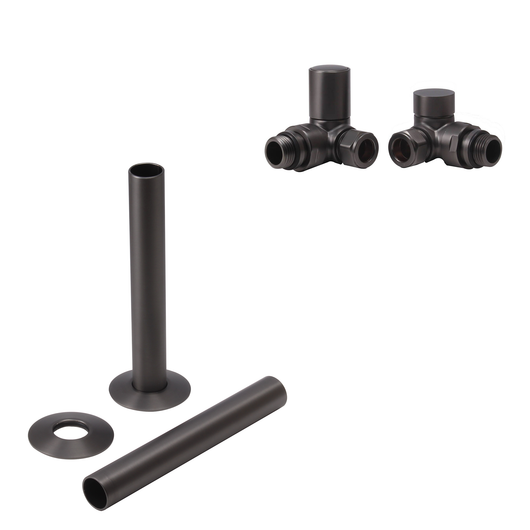  Brushed Gunmetal Manual Radiator Round Valves with 130mm Pipe Sleeves - Corner