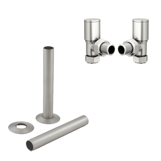  Brushed Nickel Manual Radiator Round Valves with 130mm Pipe Sleeves - Angled