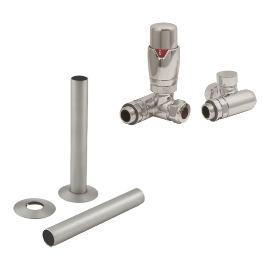  Brushed Nickel Thermostatic Dual Fuel Radiator Round Valves with 130mm Pipe Sleeves - Corner