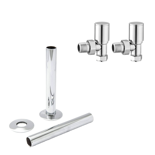  Chrome Manual Radiator Round Valves with 130mm Pipe Sleeves - Angled