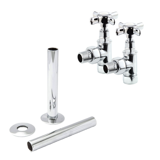  Chrome Manual Radiator Round Valves with 130mm Pipe Sleeves - Angled | Crosshead