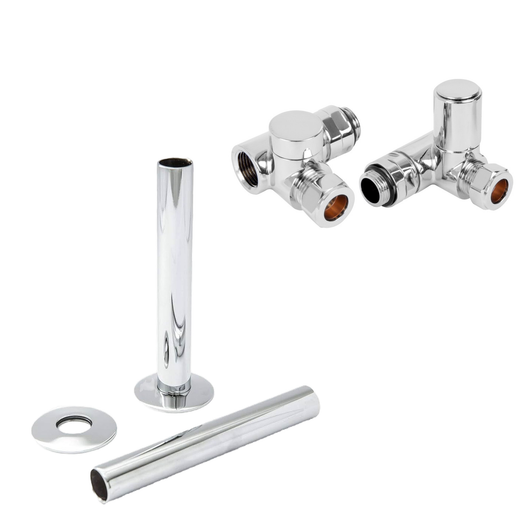  Chrome Manual Dual Fuel Radiator Round Valves with 130mm Pipe Sleeves - Corner