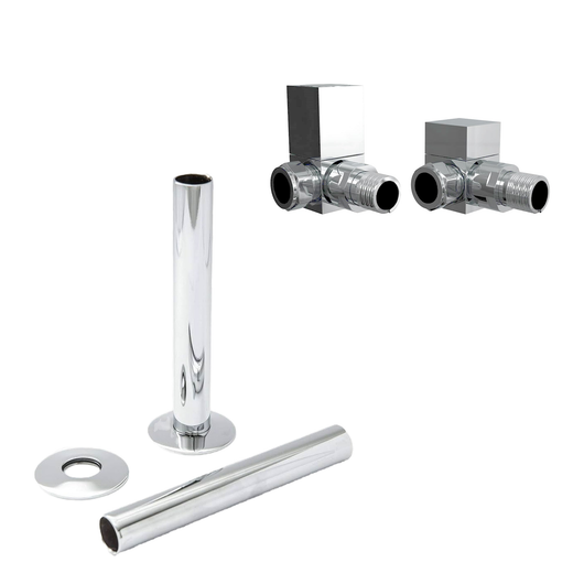  Chrome Manual Radiator Square Valves with 130mm Pipe Sleeves - Corner