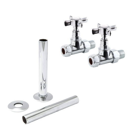  Chrome Manual Radiator Round Valves with 130mm Pipe Sleeves - Straight | Crosshead