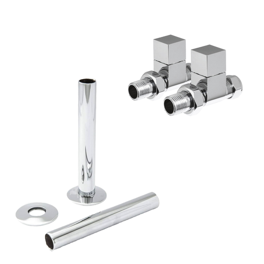  Chrome Manual Radiator Square Valves with 130mm Pipe Sleeves - Straight