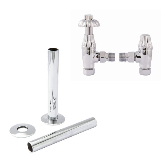  Westminster Chrome Thermostatic Radiator Round Valves with 130mm Pipe Sleeves - Angled