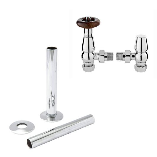  Chelsea Chrome Thermostatic Radiator Round Valves with 130mm Pipe Sleeves - Angled