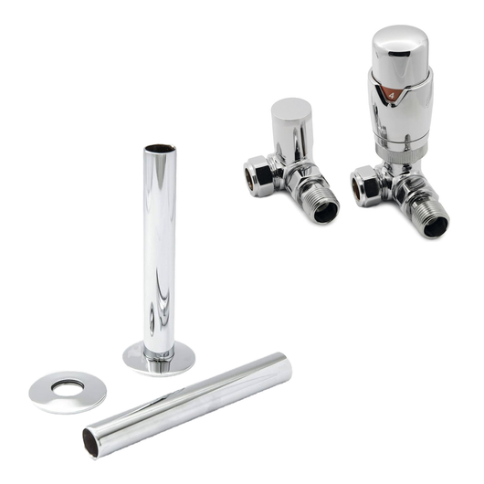  Chrome Thermostatic Radiator Round Valves with 130mm Pipe Sleeves - Corner