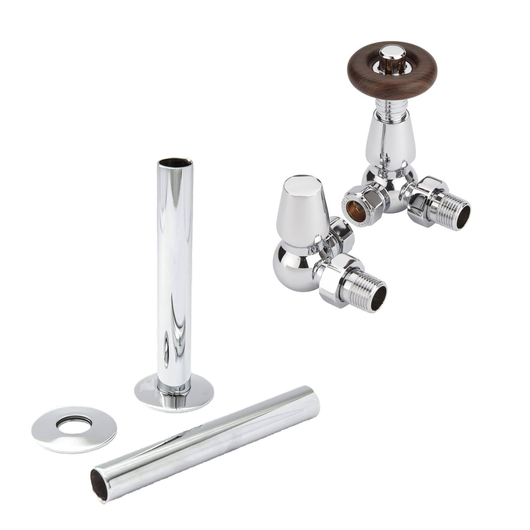  Chelsea Chrome Thermostatic Radiator Round Valves with 130mm Pipe Sleeves - Corner - welovecouk