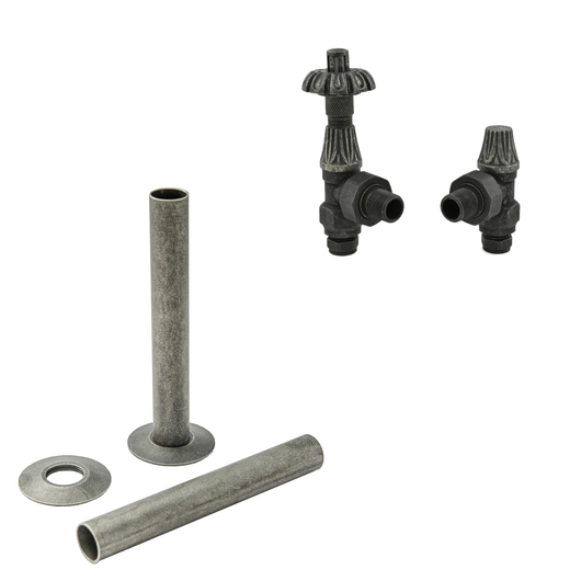  Westminster Pewter Thermostatic Radiator Round Valves with 130mm Pipe Sleeves - Angled