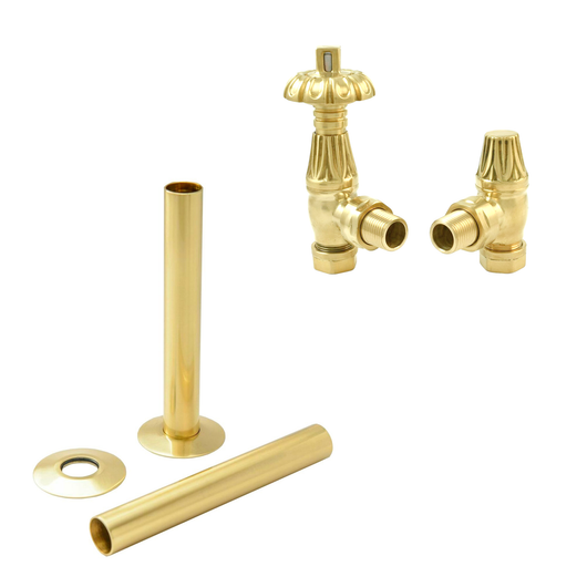  Westminster Polished Brass Thermostatic Radiator Round Valves with 130mm Pipe Sleeves - Angled