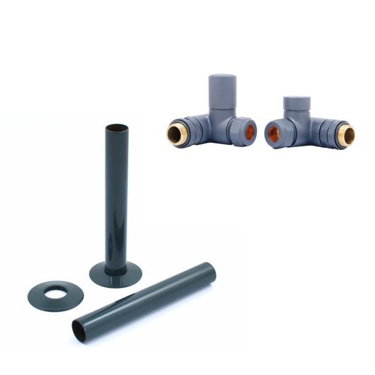  RAL7012 Manual Dual Fuel Radiator Round Valves with 130mm Pipe Sleeves - Corner