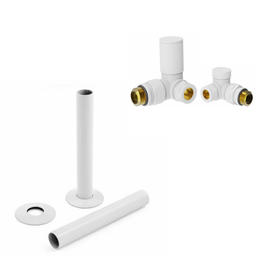  White Manual Radiator Round Valves with 130mm Pipe Sleeves - Corner