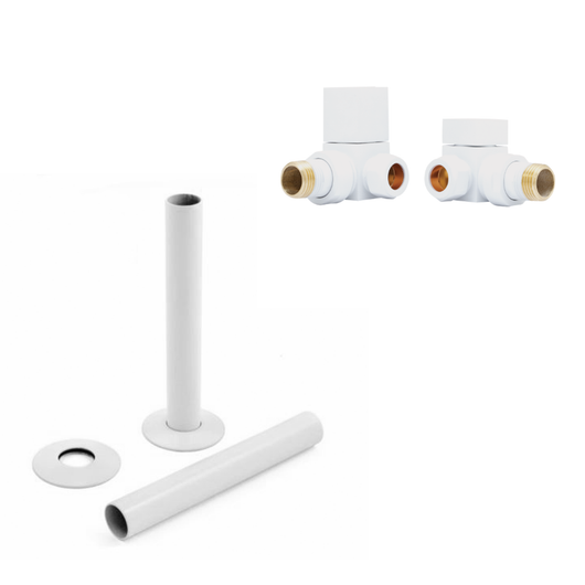  White Manual Radiator Square Valves with 130mm Pipe Sleeves - Corner