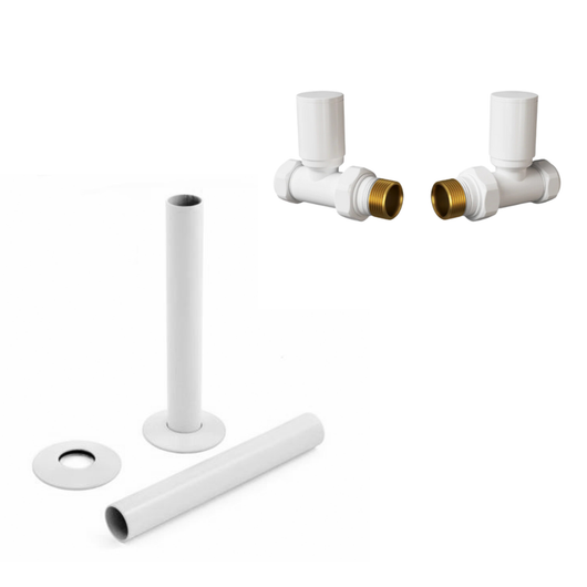  White Manual Radiator Round Valves with 130mm Pipe Sleeves - Straight