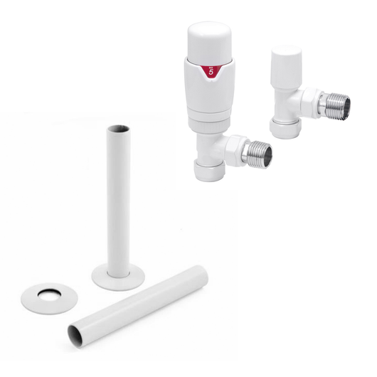  White Thermostatic Radiator Round Valves with 130mm Pipe Sleeves - Angled