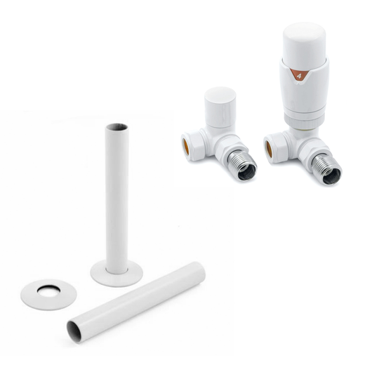  White Thermostatic Radiator Round Valves with 130mm Pipe Sleeves - Corner