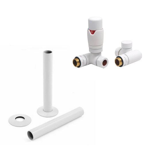  White Thermostatic Dual Fuel Radiator Round Valves with 130mm Pipe Sleeves - Corner