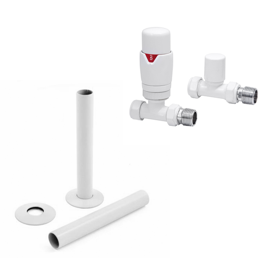  White Thermostatic Radiator Round Valves with 130mm Pipe Sleeves - Straight