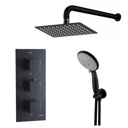  Observa Concealed Triple Valve with Square Fixed Shower Head and Round Handset - Black - welovecouk