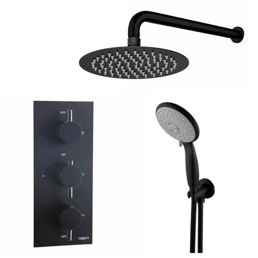  Niagara Concealed Triple Valve with Round Fixed Shower Head and Round Handset - Black - welovecouk