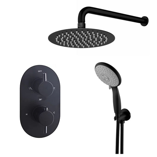  Aquadart Thermostatic Concealed Twin Valve with Round Fixed Shower Head and Round Handset - Black - welovecouk