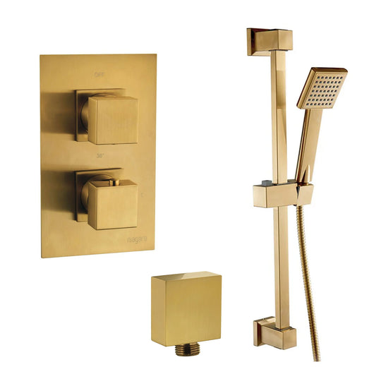  Aquadart Observa Thermostatic Concealed Shower Valve with Square Slide Rail Kit - Brushed Brass - welovecouk