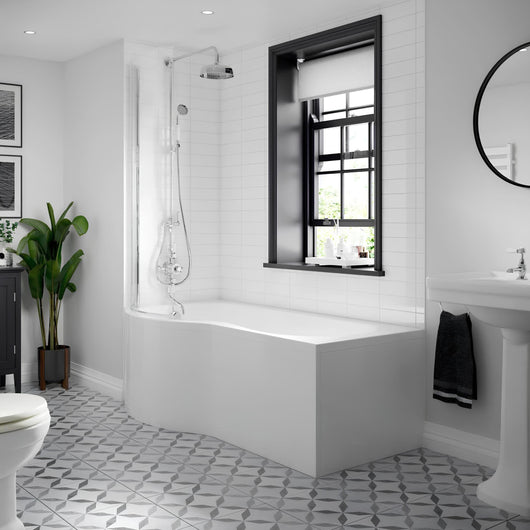  P-Shaped 1600 x 850 Shower Bath C/W Hinged 6mm Screen and Front Panel - welovecouk