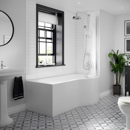 P-Shaped 1600 x 850 Shower Bath C/W Hinged 6mm Screen and Front Panel - welovecouk