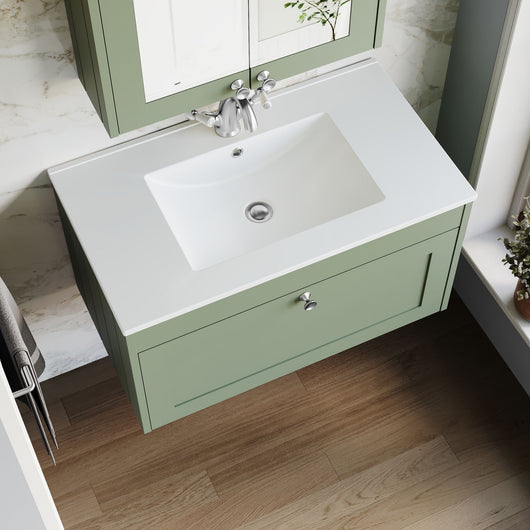  Farlow Shaker Wall Mounted 800mm 1-Drawer Basin Vanity Unit - Satin Green