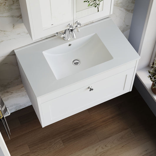  Farlow Shaker Wall Mounted 800mm 1-Drawer Basin Vanity Unit - Satin White