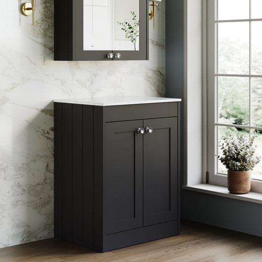  Farlow Shaker Floor Standing 600mm 2-Door Vanity with Marble Countertop - Satin Soft Black