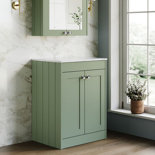  Farlow Shaker Floor Standing 600mm 2-Door Vanity with Marble Countertop - Satin Green