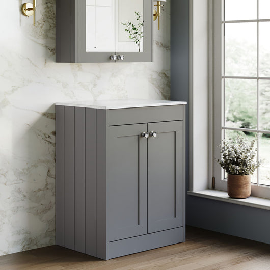  Farlow Shaker Floor Standing 600mm 2-Door Vanity with Marble Countertop - Satin Grey