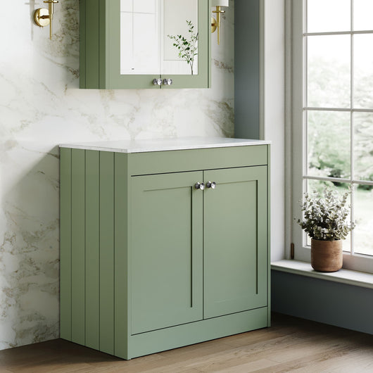  Farlow Shaker Floor Standing 800mm 2-Door Vanity with Marble Countertop - Satin Green