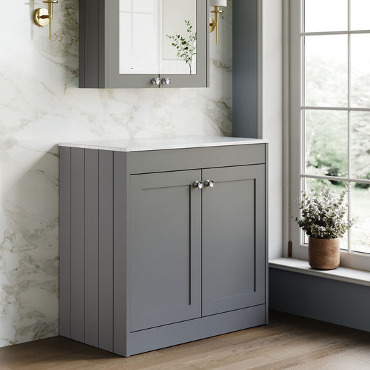  Farlow Shaker Floor Standing 800mm 2-Door Vanity with Marble Countertop - Satin Grey
