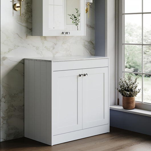  Farlow Shaker Floor Standing 800mm 2-Door Vanity with Marble Countertop - Satin White