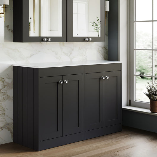  Farlow Shaker Floor Standing 1200mm 4-Door Vanity with Marble Countertop - Satin Soft Black