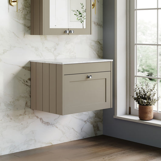  Farlow Shaker Wall Mounted 600mm 1-Drawer Vanity with Marble Countertop - Pebble Grey