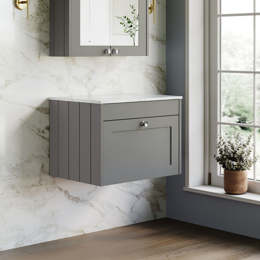  Farlow Shaker Wall Mounted 600mm 1-Drawer Vanity with Marble Countertop - Satin Grey