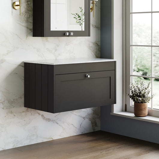  Farlow Shaker Wall Mounted 800mm 1-Drawer Vanity with Marble Countertop - Satin Soft Black