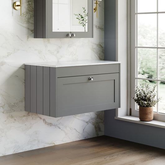  Farlow Shaker Wall Mounted 800mm 1-Drawer Vanity with Marble Countertop - Satin Grey