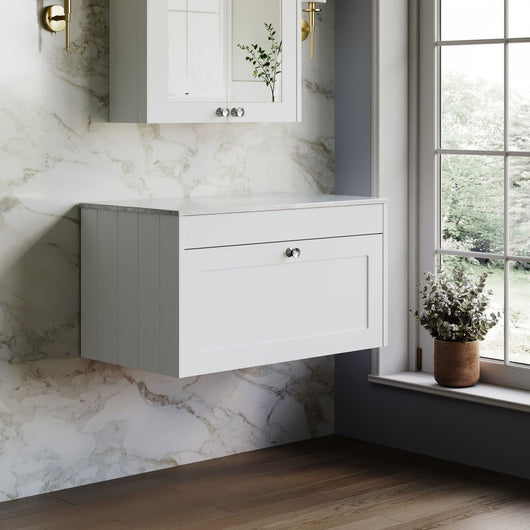  Farlow Shaker Wall Mounted 800mm 1-Drawer Vanity with Marble Countertop - Satin White
