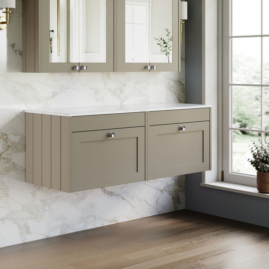  Farlow Shaker Wall Mounted 1200mm 2-Drawer Vanity with Marble Countertop - Pebble Grey