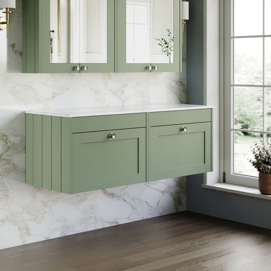  Farlow Shaker Wall Mounted 1200mm 2-Drawer Vanity with Marble Countertop - Satin Green