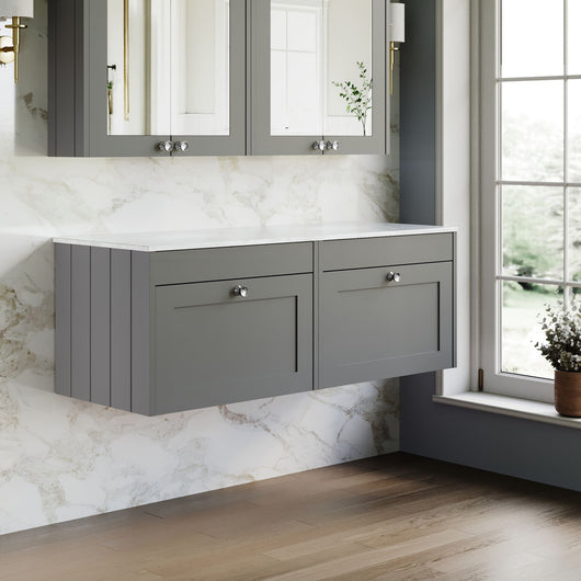  Farlow Shaker Wall Mounted 1200mm 2-Drawer Vanity with Marble Countertop - Satin Grey
