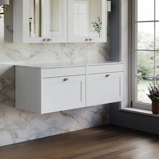  Farlow Shaker Wall Mounted 1200mm 2-Drawer Vanity with Marble Countertop - Satin White