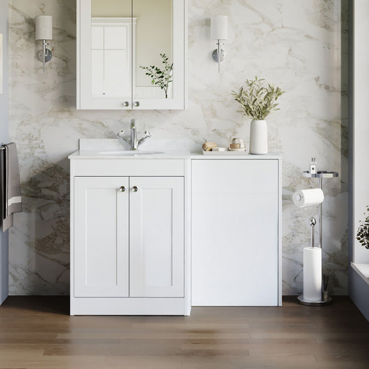  Farlow Shaker 1100mm Floor Standing Marble Top Basin Combination Pack - Satin White