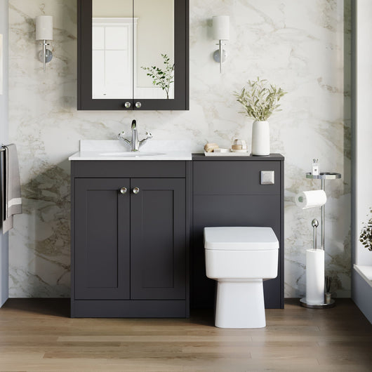  Farlow Shaker 1100mm Floor Standing Marble Top Basin Combination Pack with Square Toilet - Satin Soft Black